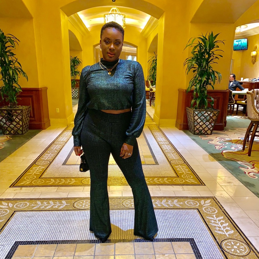 Metallic Green Co-Ord Set (Turtleneck + Bell Pant)